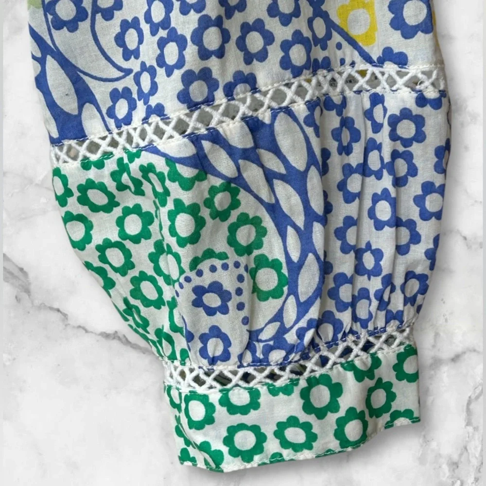 Talbots Smocked Peasant Blouse Button Up Crochet Accents Green Blue Yellow Sz S - Picture 3 of 10